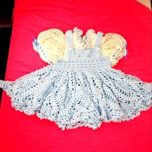 Handmade Crochet pinafore dress pastel light blue ivory white hearts 12-24 mos